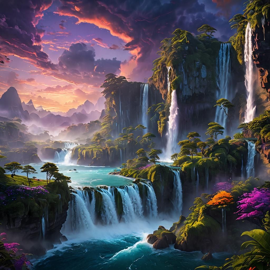 A floating island in a vibrant purple sky, with waterfalls cascading into the clouds below.