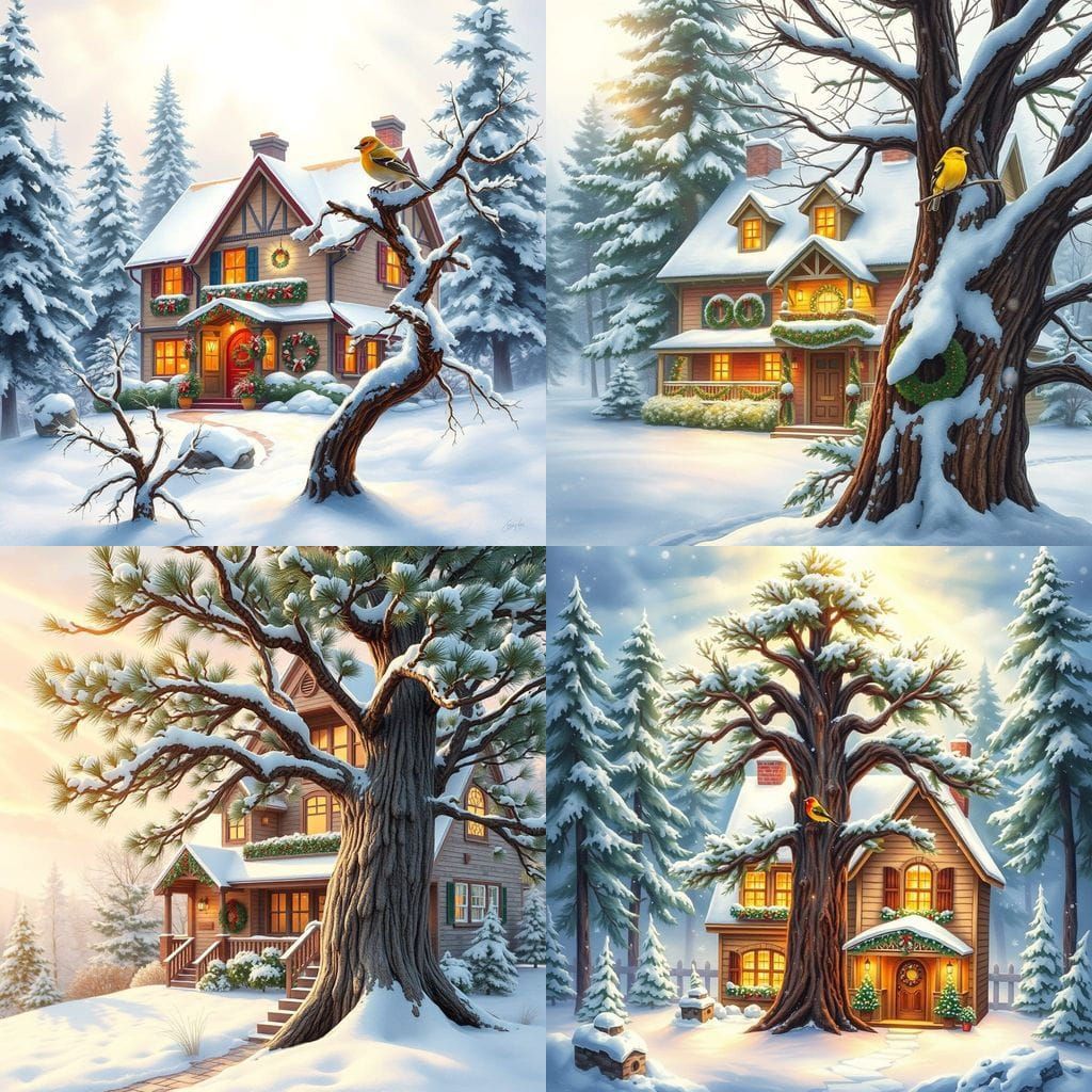 Whimsical Christmas House in Snowy Watercolor Wonderland
