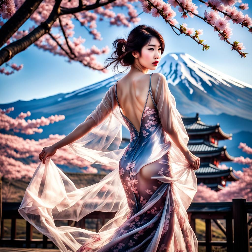 Japanese Woman in Silk Gown with Cherry Blossoms