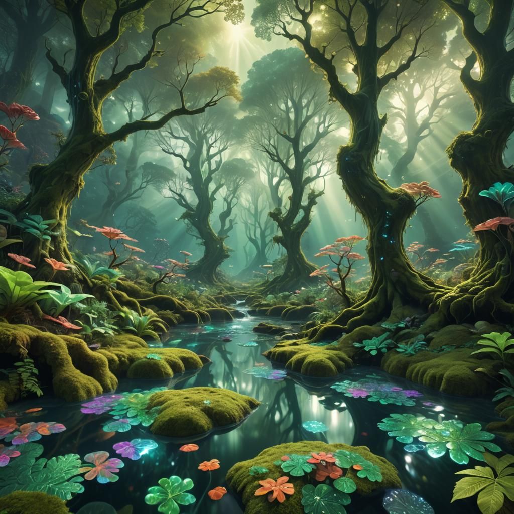 Verdant Fractal Forest Stream in Fantasy Art Style