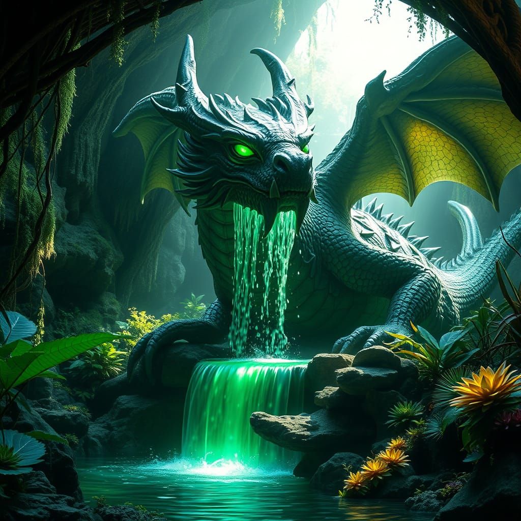 Emerald Dragon Fountain in Grotto, Fantasy Art