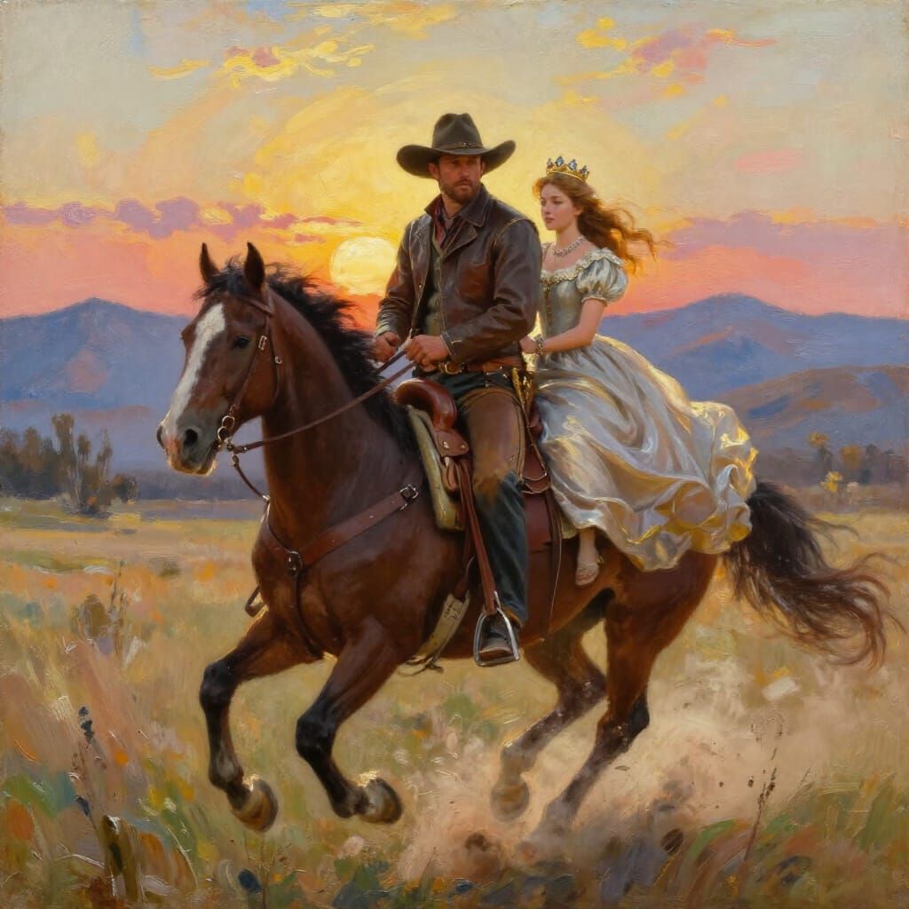 Cowboy and Princess Ride Through Sunset Landscape