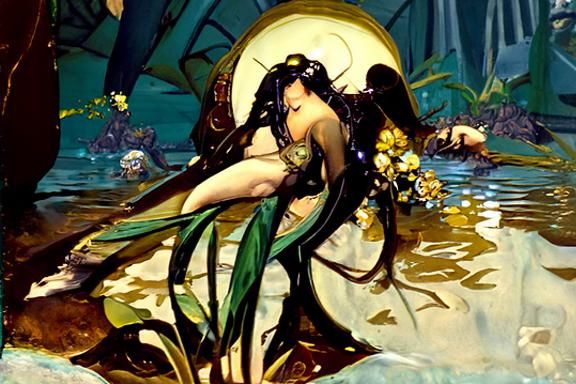 Nymph Emerges from Lily Pond in Art Nouveau Style