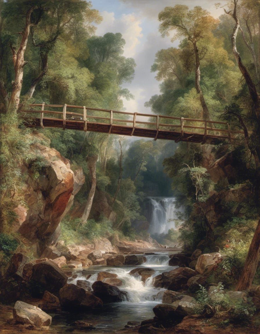 Footbridge Waterfall in Hudson River School Style