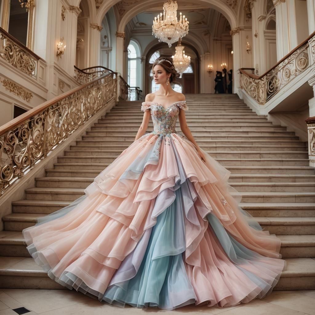 Princess in Pastel Tulle Gown on Royal Staircase