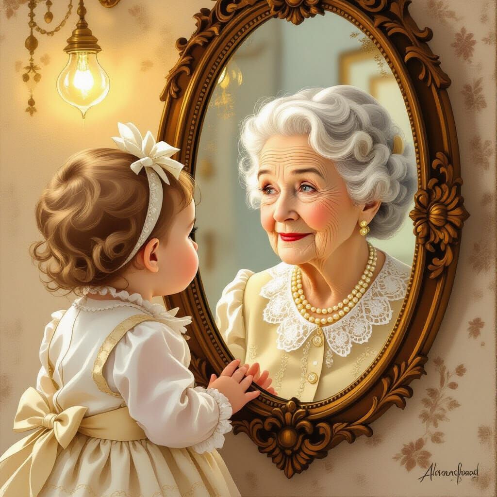 Infant Gazing into Mirror Reflecting Elderly Woman