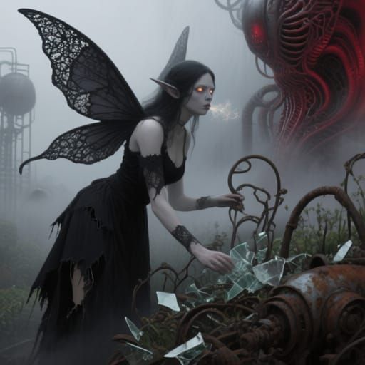 Dark Fairy Tending Twisted Metal Garden