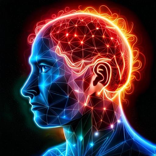 Neon Wireframe Man in Cosmic Surrealism Style