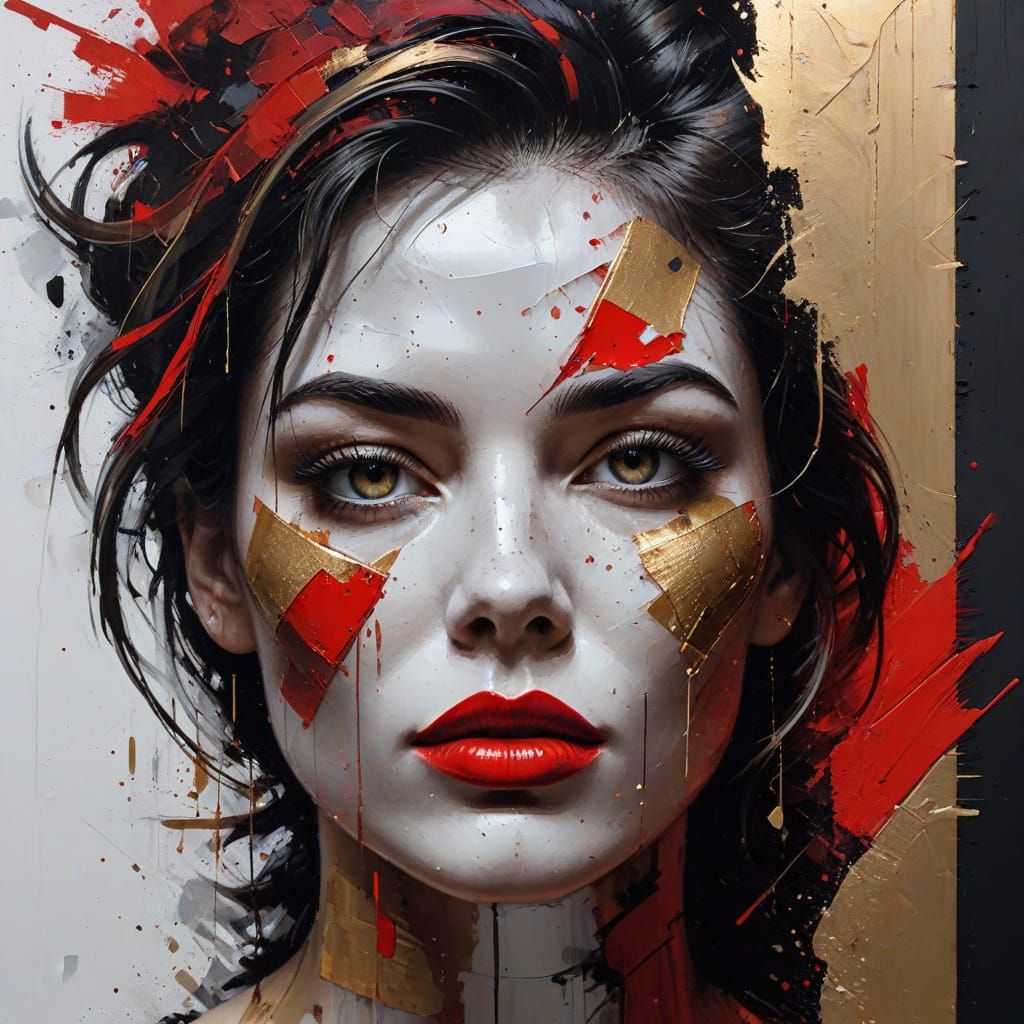 Expressive Portrait in Impasto Style with Gold Accents