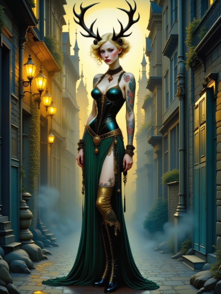 Steampunk Goddess with Stag Antlers in Smoky Alleyway