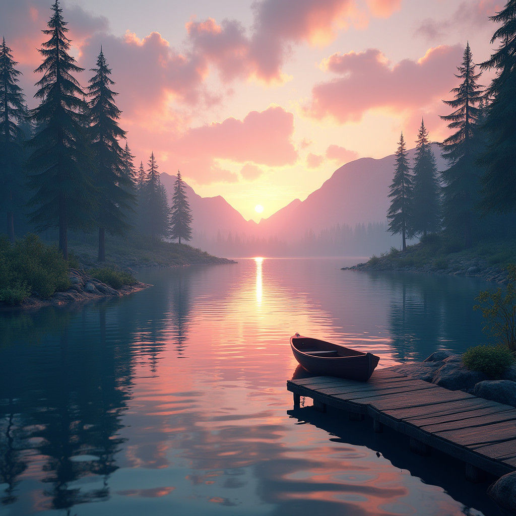 Tranquil Lake Sunset with Rowboat: Digital Matte Painting