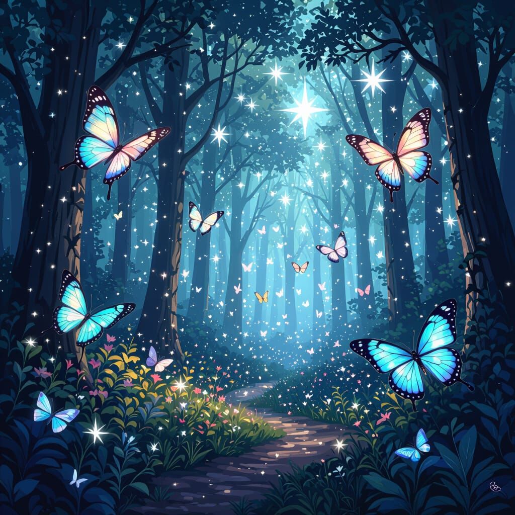 Magical Forest with Iridescent Butterflies, Digital Art