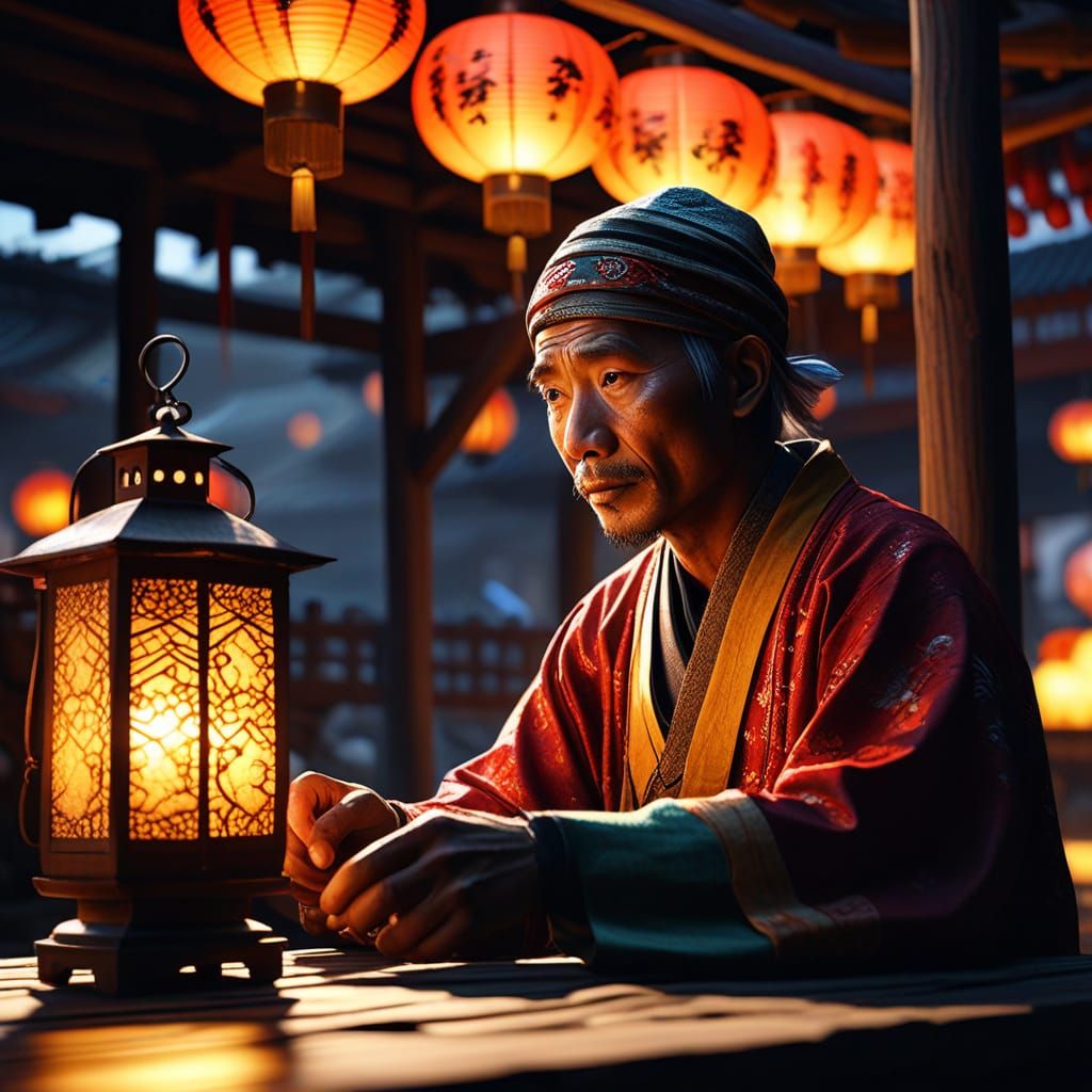 Cinematic Kamishibai Storyteller in Golden Hour Light