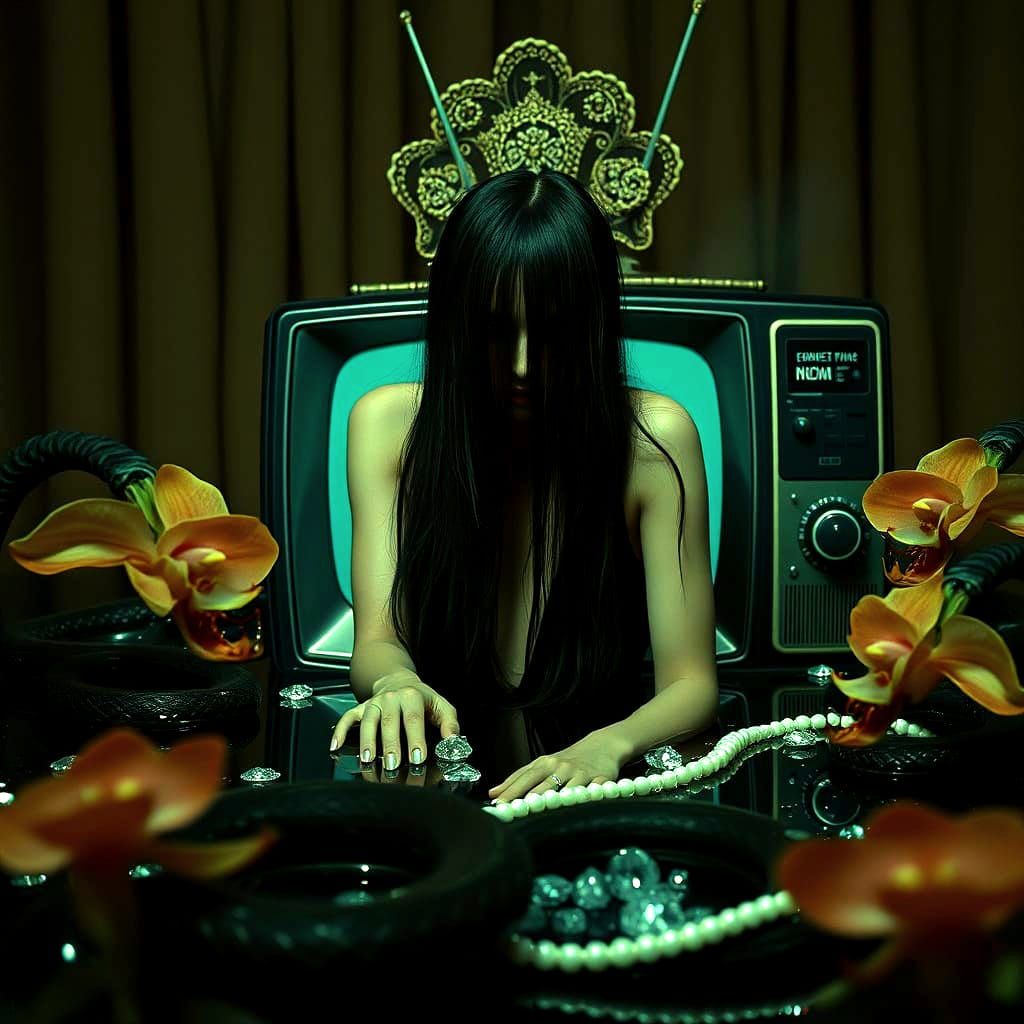 Eerie Woman Crawling Out of TV: Noir Film Still