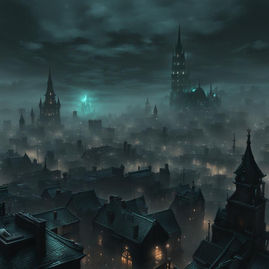Eerie Teal Lit Bloodborne Cityscape of Yharnam