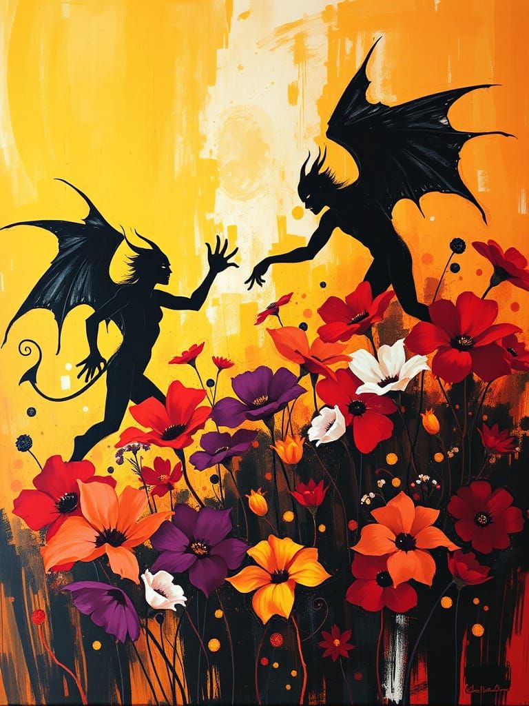 Devils Dancing in Abstract Expressionist Oil Painting
