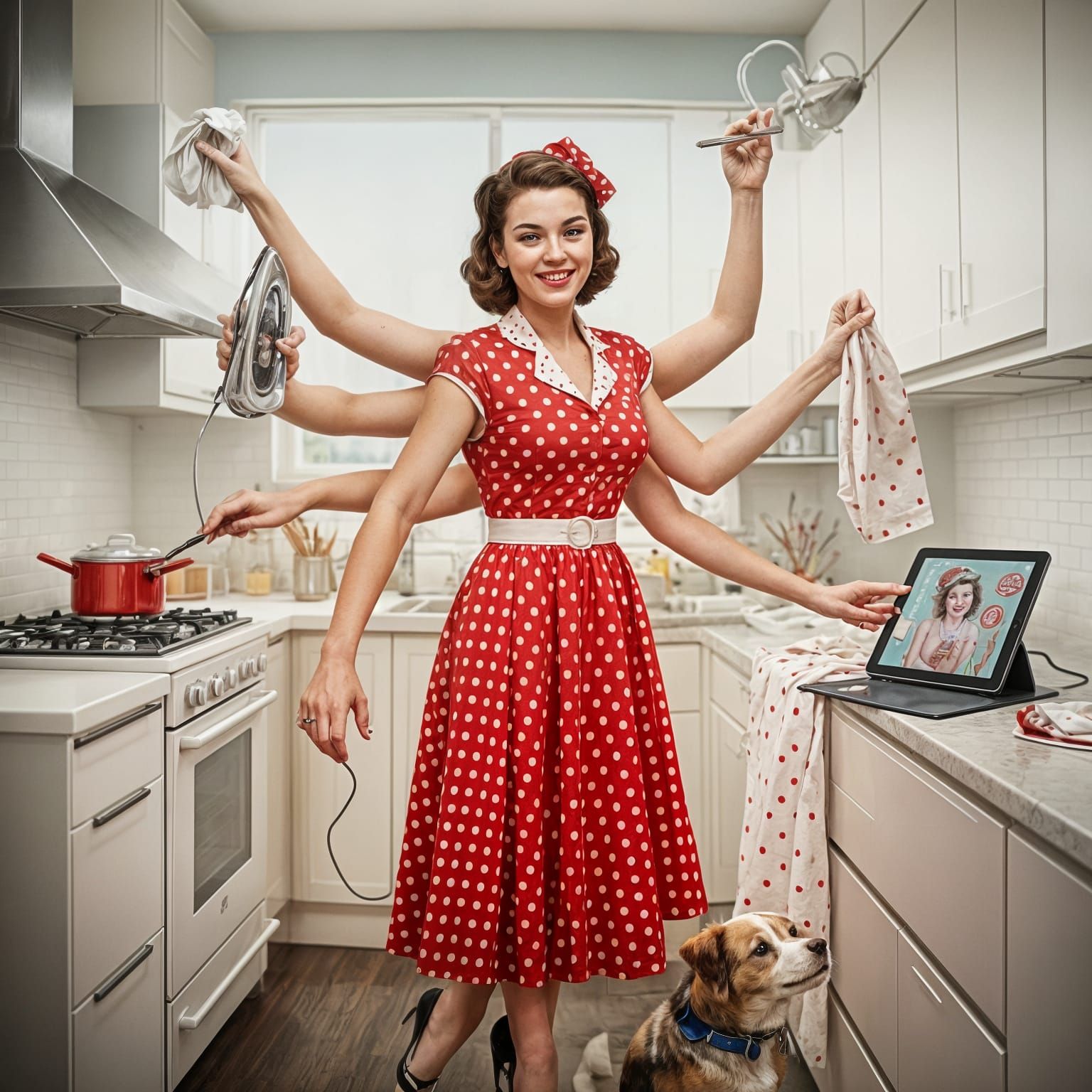 Busy Woman with Many Arms in Modern Kitchen