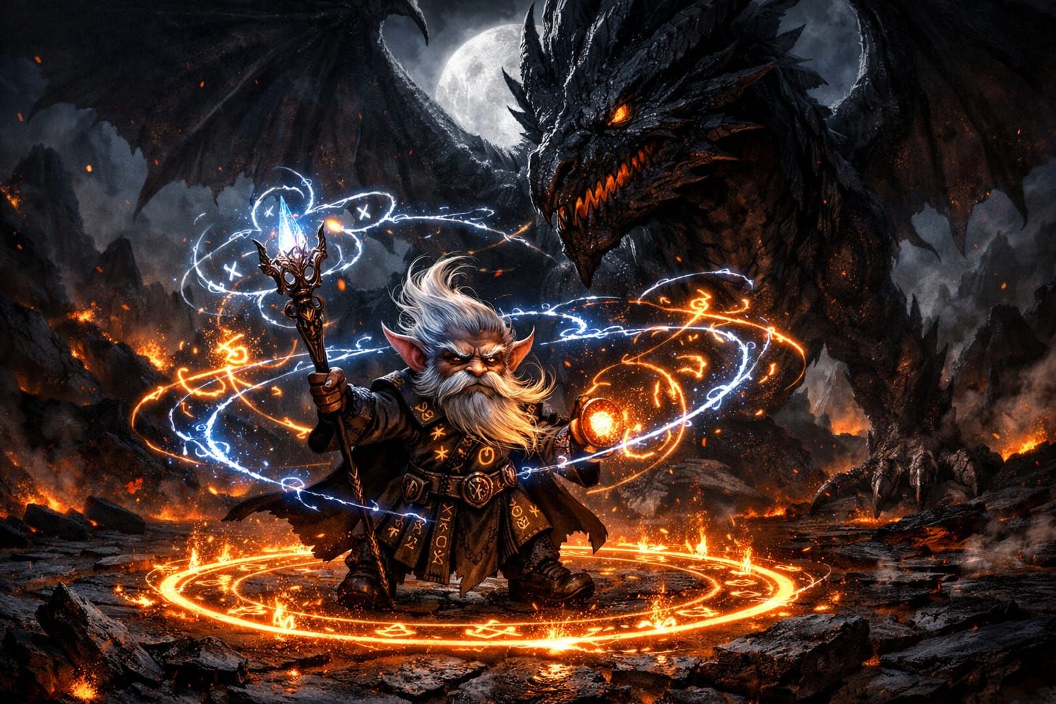 Gnome Sorcerer Tames Shadow Dragon in Epic Fantasy Scene