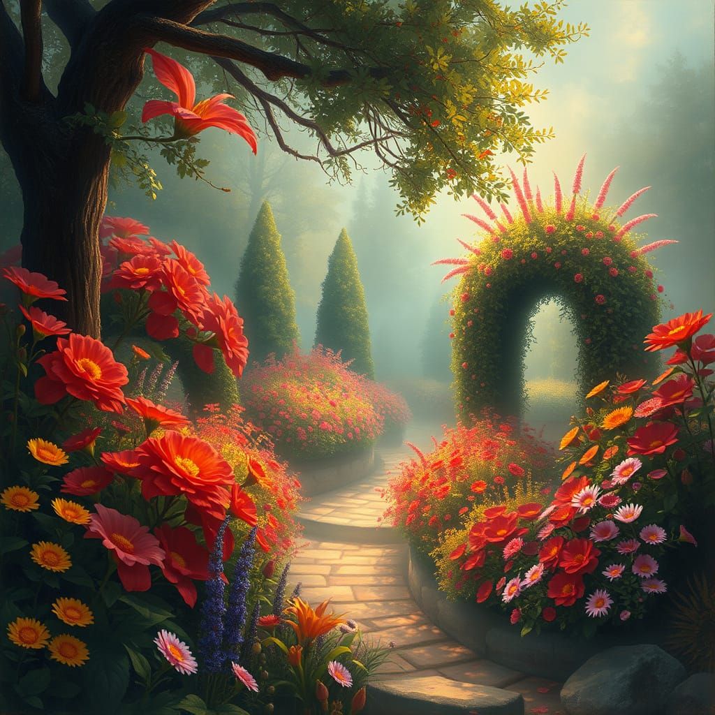 Whimsical Crimson and Citron Garden Scene in Ethereal Fantas...
