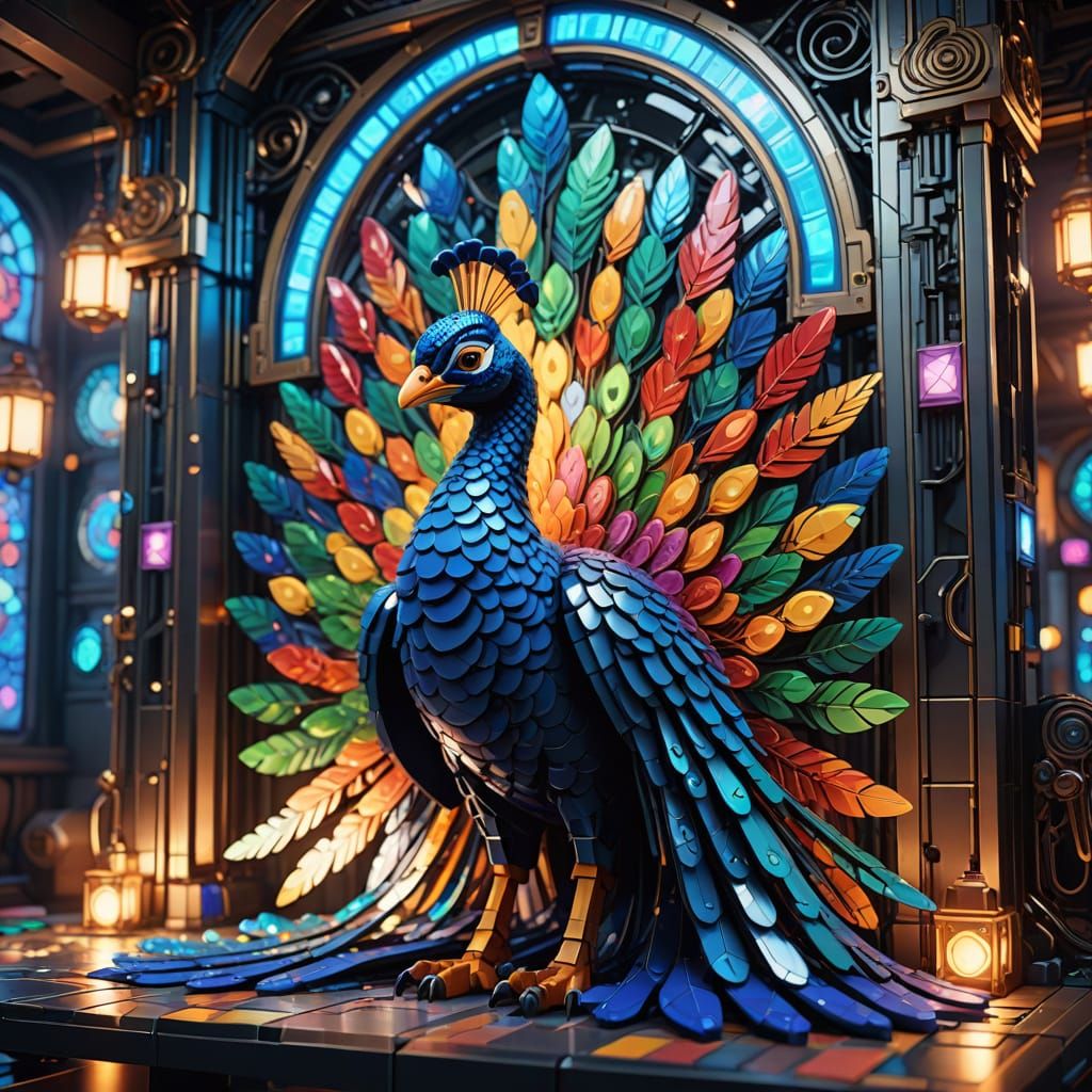 Illuminated Lego Peacock in Art Nouveau Style
