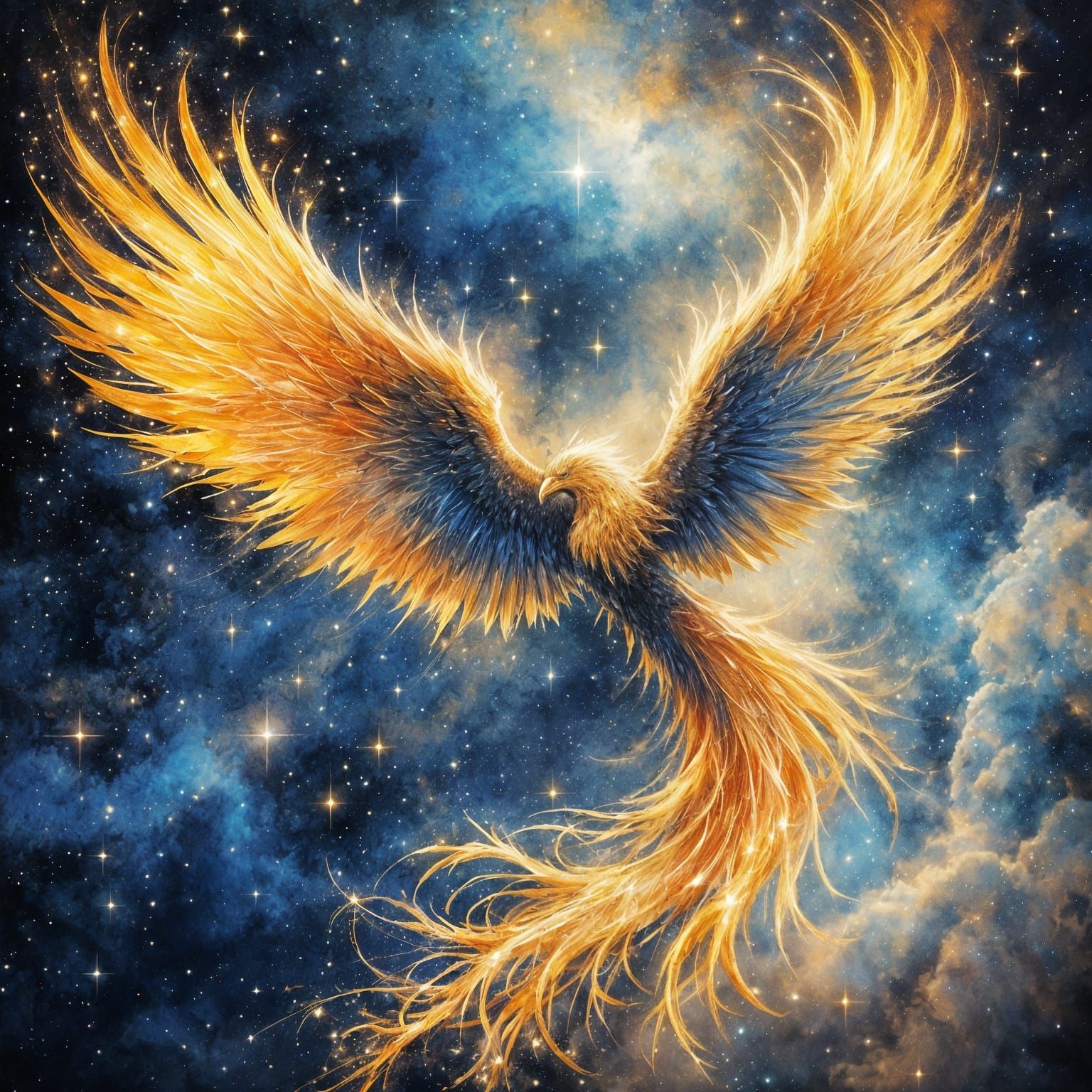 Golden Phoenix Soars Through Cosmic Nebula