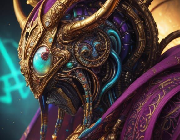 Surreal Alien Deity in Ornate Robe, Vibrant Oil Painting