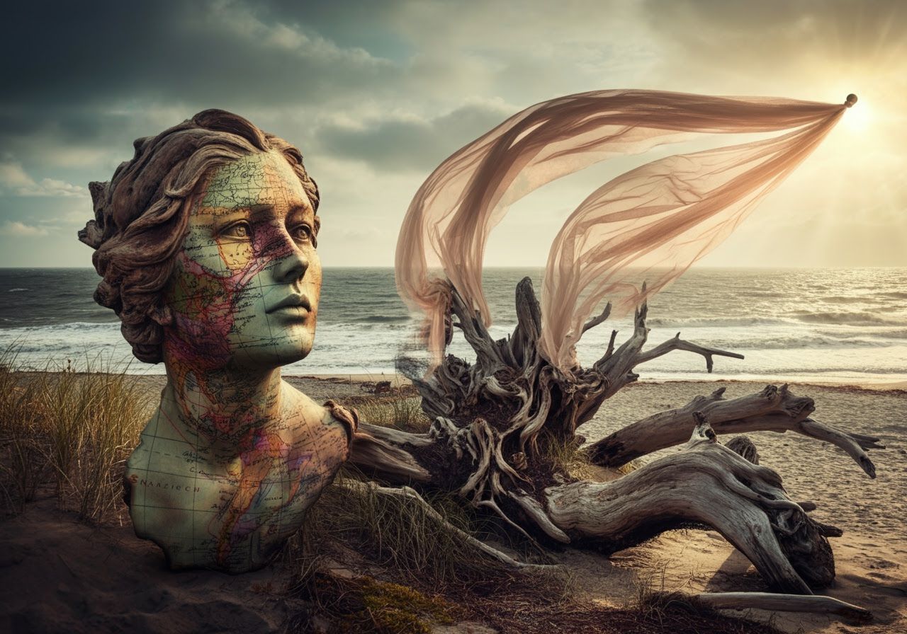 Driftwood Curling Eroded Olde-World Map, Charred and Rusty