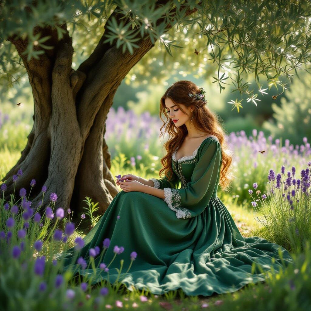 Medieval Garden Scene in Pre-Raphaelite Style