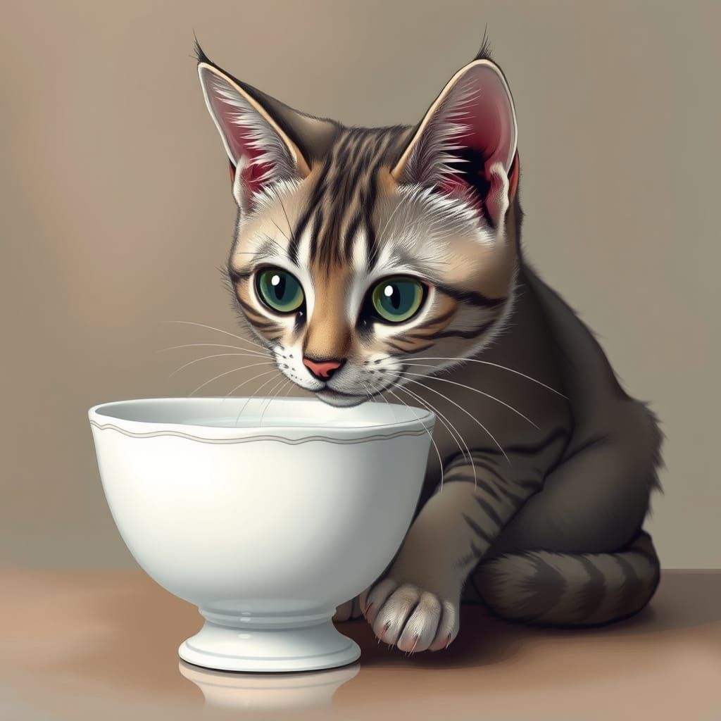 Surreal Cat Sips Milk in a Melting Matte Background