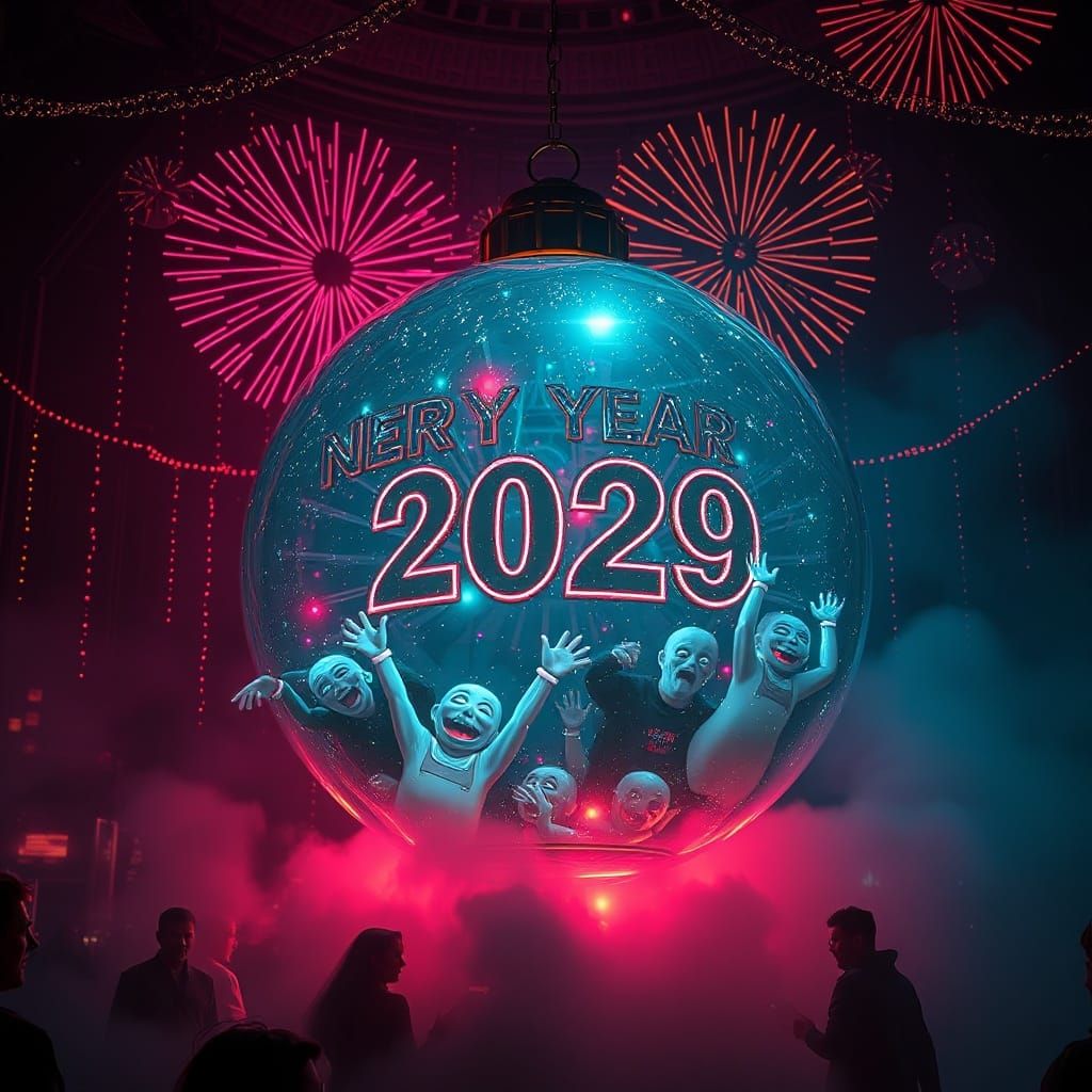 Cyberpunk New Year's Eve Ball With Friendly Ghosts