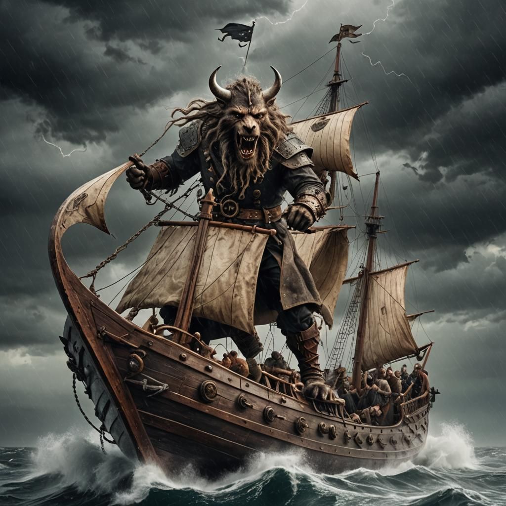 Steampunk Werewolf Viking Ship Sailing in Storm