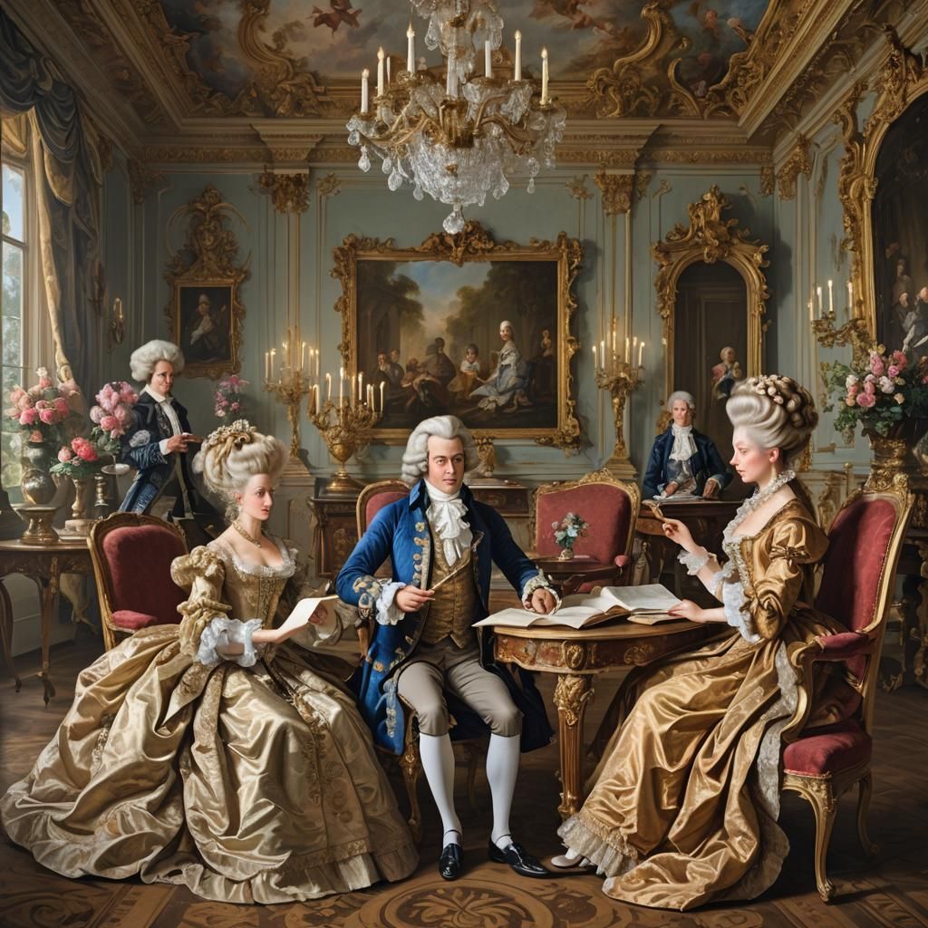 Rococo Aristocrats in Opulent Setting: Detailed Painting