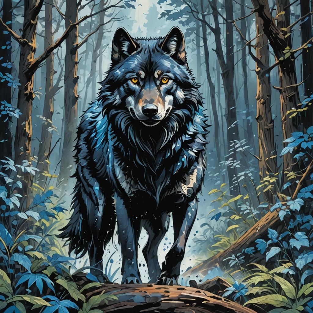 Black and Blue Wolf in Gouache Watercolor Style