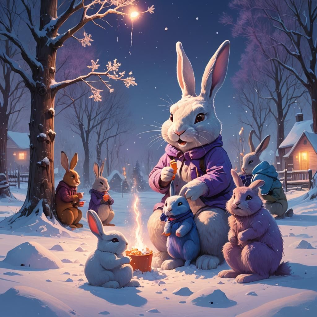 Snowy Bunny Feast: Whimsical Fantasy Art
