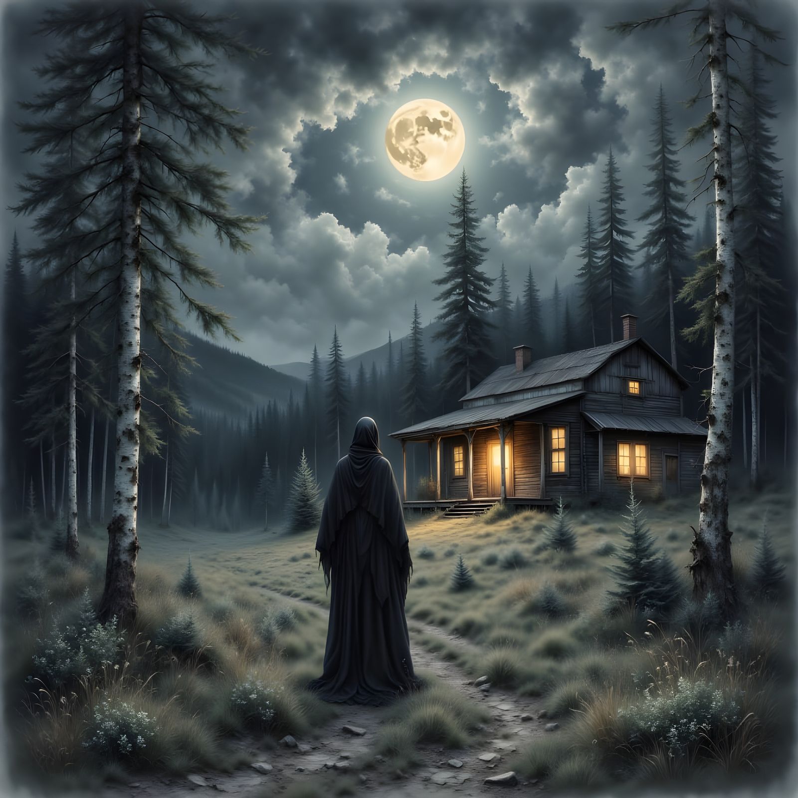 Dark Figure at Moonlit Farmstead in Pencil Art Style