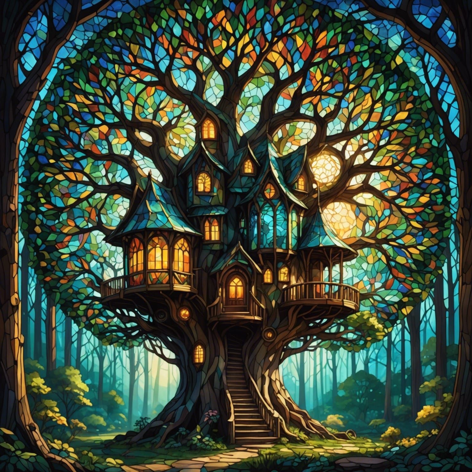 Stained Glass Treehouse: A Radiant Fantasy Scene