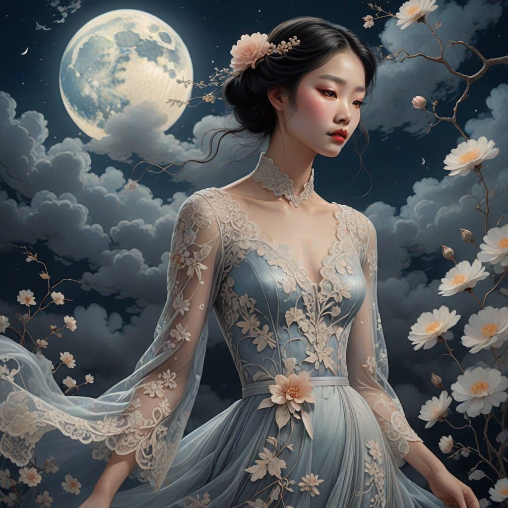 Ethereal Woman in Moonlit Gown with Florals