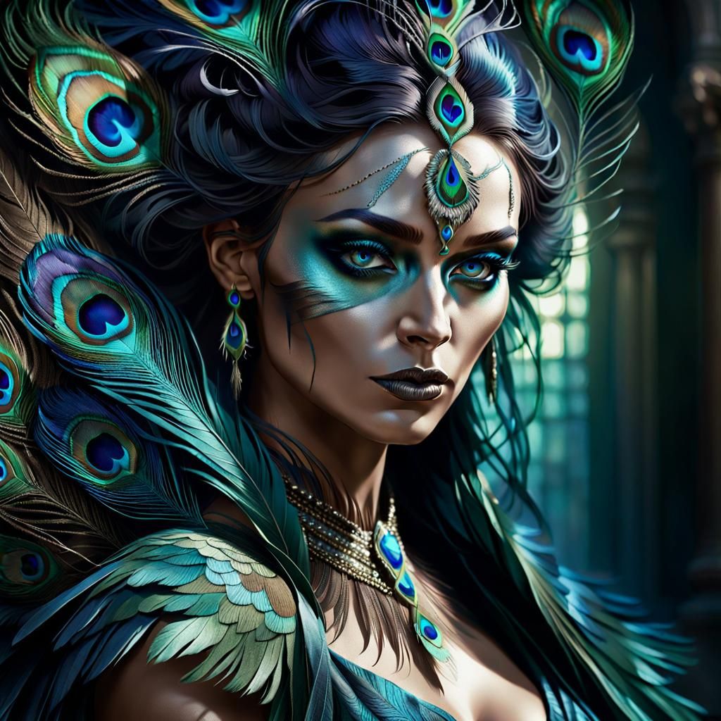 Mysterious Mystic in Ancient Gown with Peacock Feathers