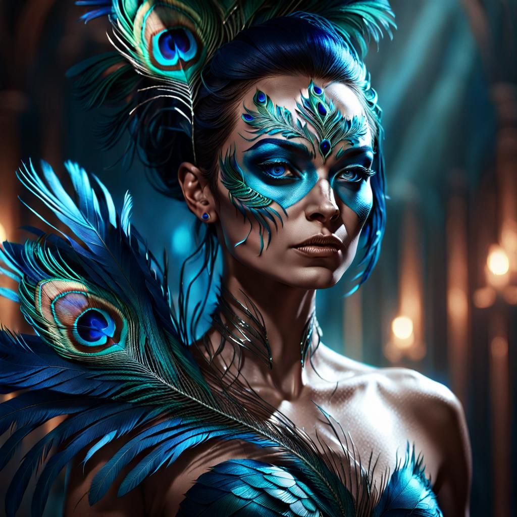 Bare Woman Enveloped in Dark, Mysterious Peacock Feathers