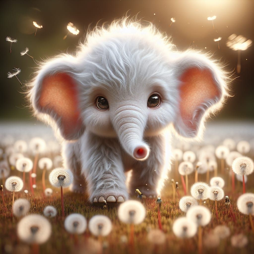 Whimsical Realist Baby Elephant in Dreamy Field