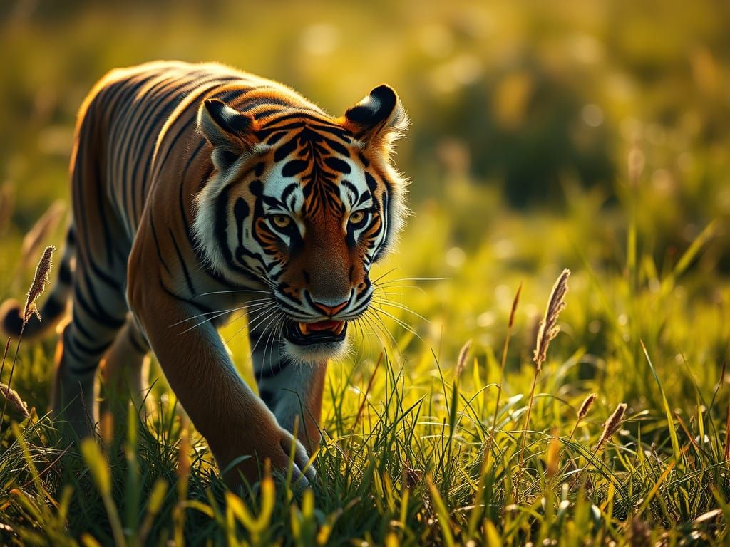 Vibrant Photorealistic Tiger Roams Indian Meadow