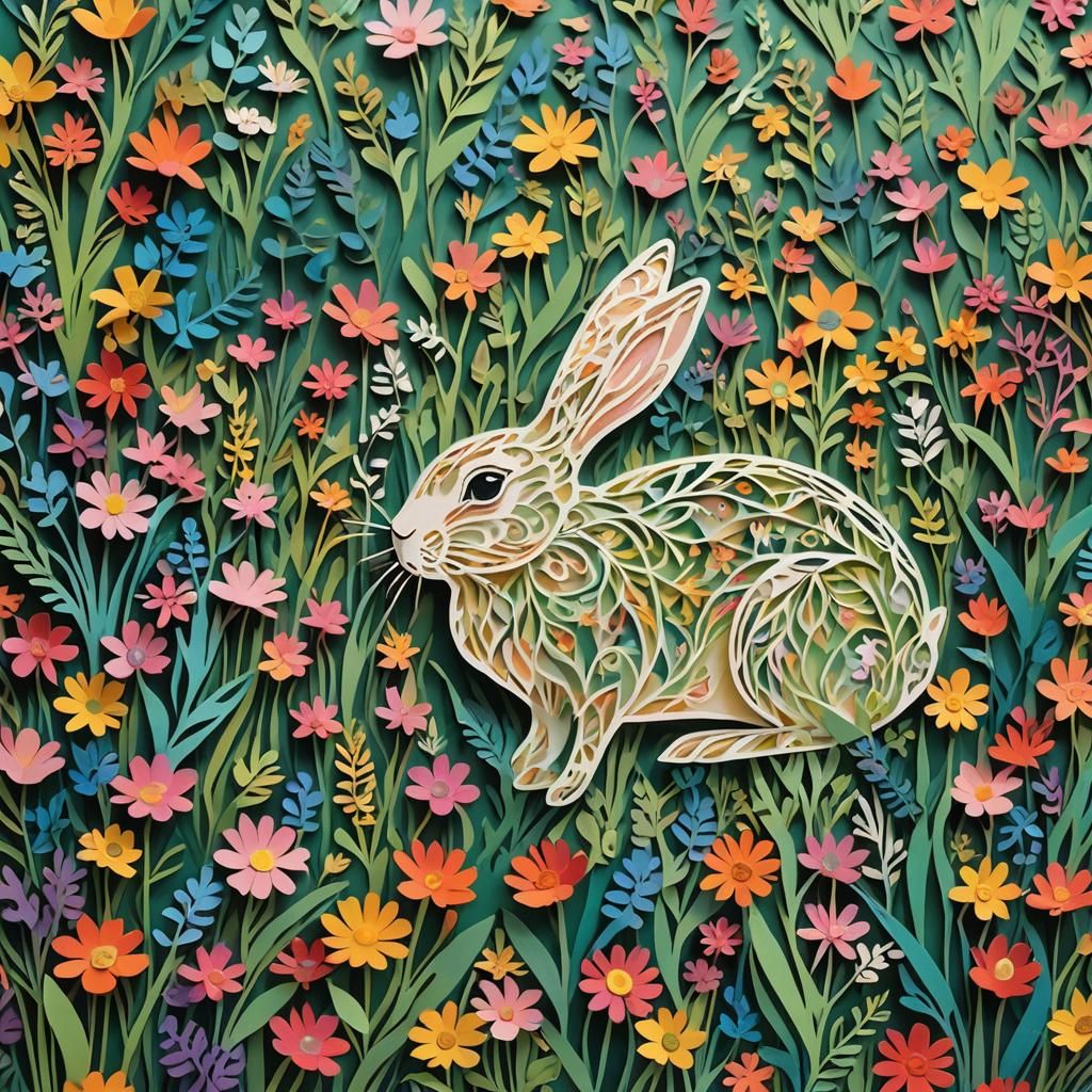 Rabbit in Colorful Field: Matisse-Inspired Papercut Art