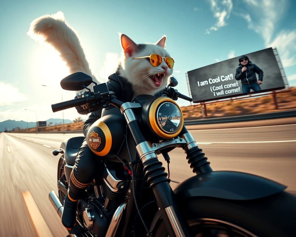 Cool Cat Rides a Harley on the Highway