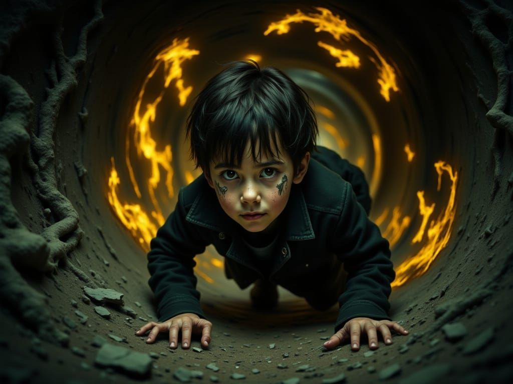 Grungy Boy Crawls Through Mysterious Glowing Rune Tunnel