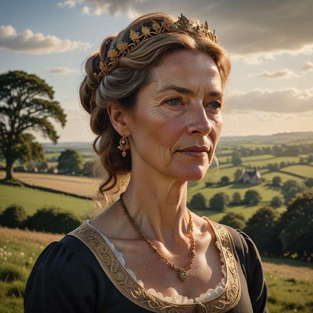 Traditional Englishwoman in 16th Century Attire, Set Against...