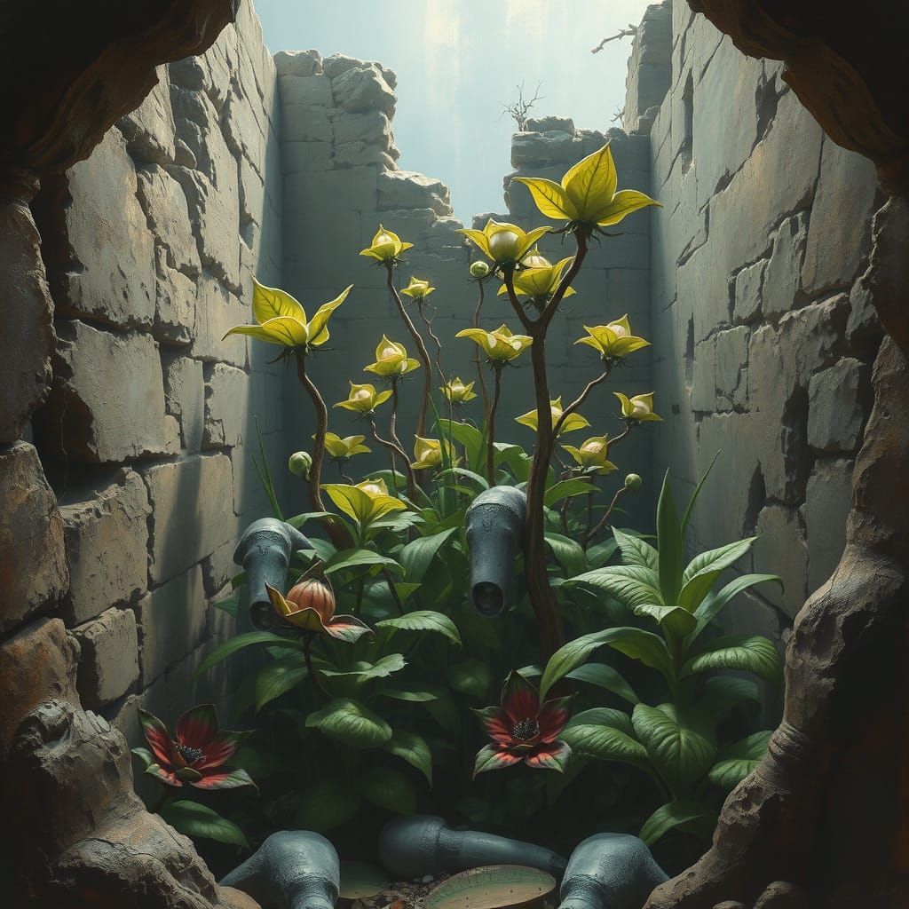 Mysterious Plants in Hidden Place: Surreal Oil Painting