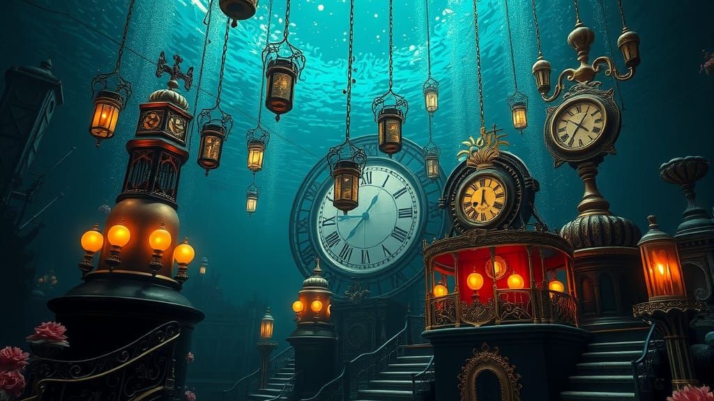 Surreal Underwater Carnival with Whimsical Clockwork Details