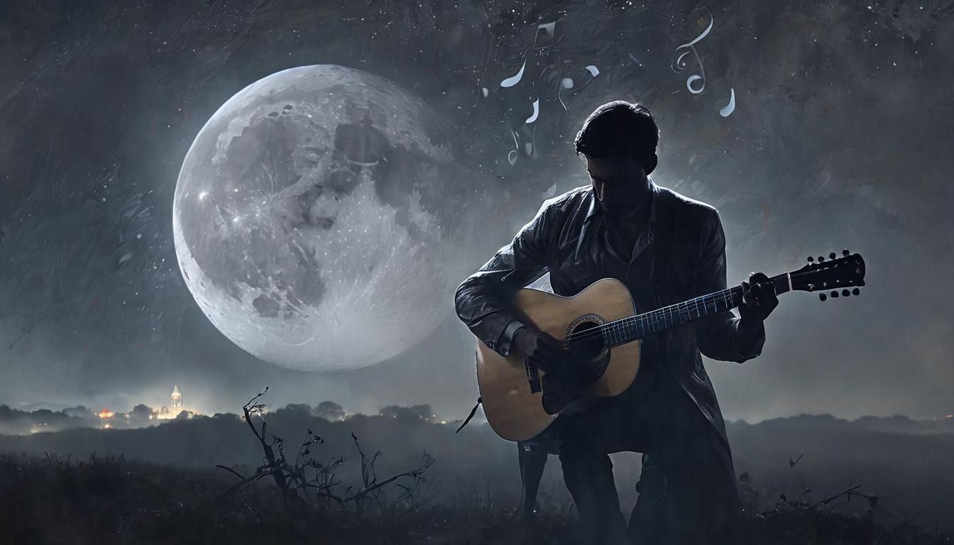 Ethereal Guitarist in Midnight Landscape