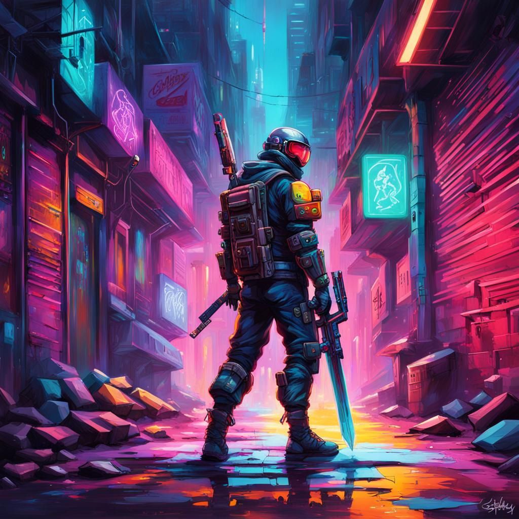 Cyberpunk Warrior Ready for Combat in Neon Alleyway