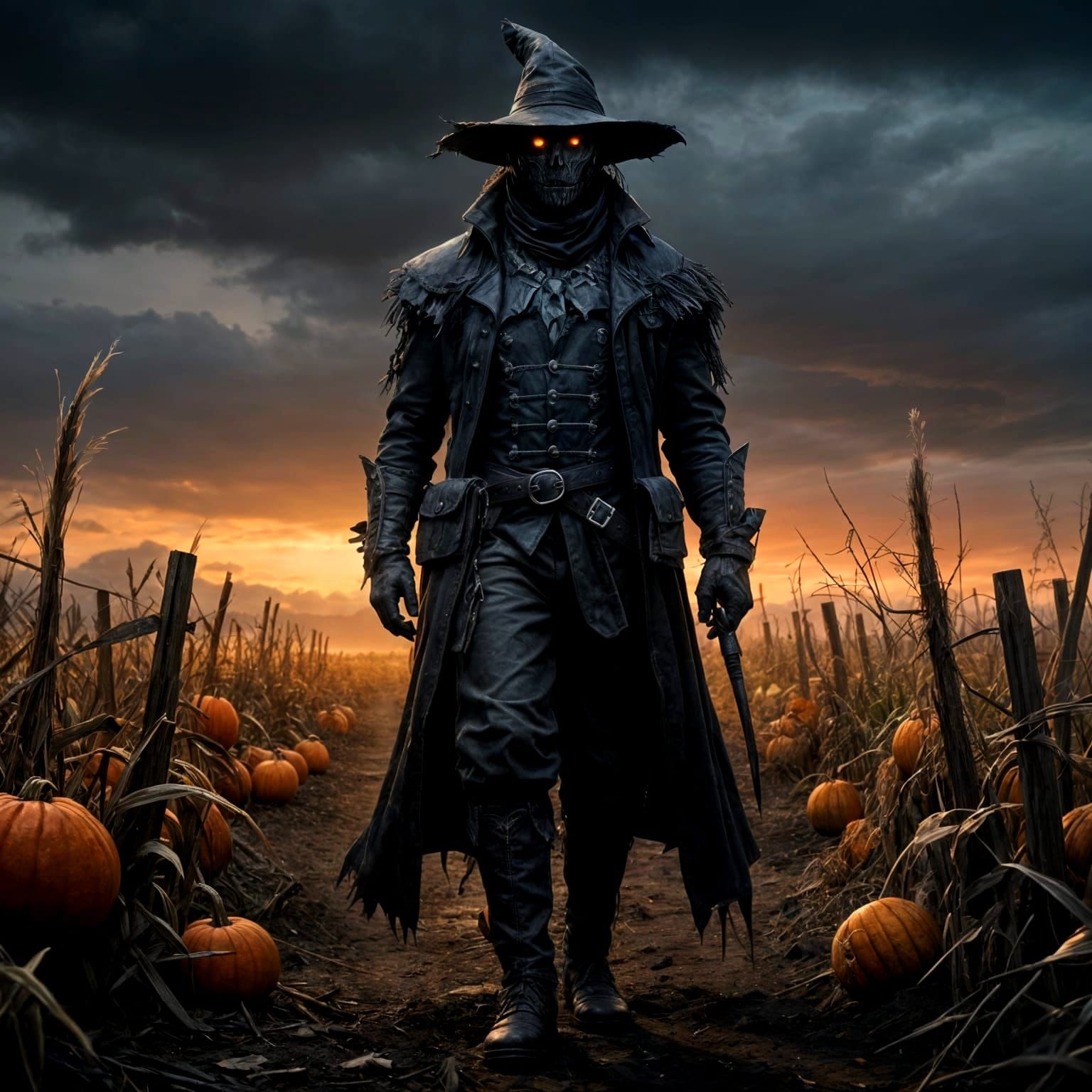 Gothic Scarecrow in Dusk Cornfield - Dark Fantasy Art